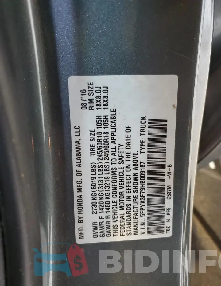 5FPYK3F79HB009187 Photo# 12