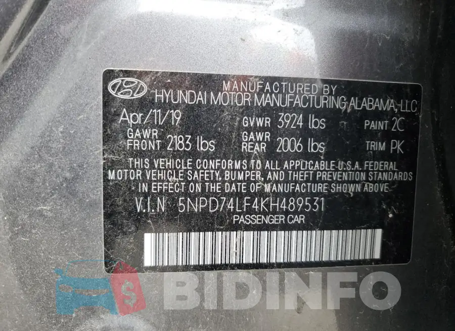 5NPD74LF4KH489531 Photo# 12