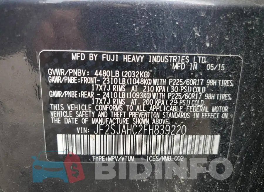 JF2SJAHC2FH839220 Photo# 12