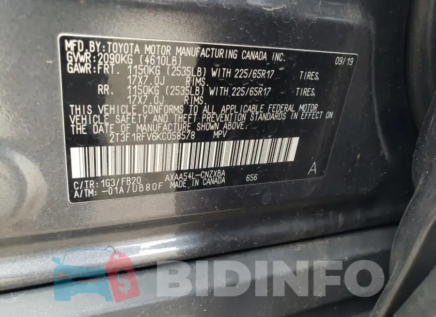 2T3F1RFV6KC058578 Photo# 13