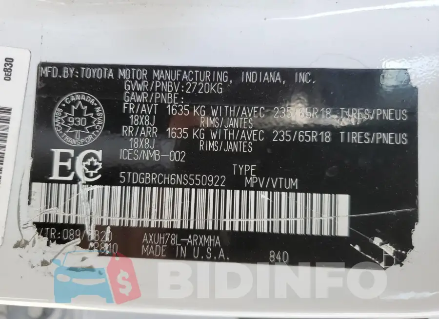 5TDGBRCH6NS550922 Photo# 14