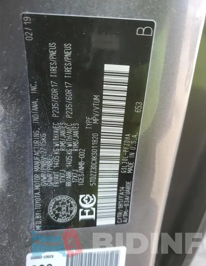 5TDZZ3DCXKS011820 Photo# 14