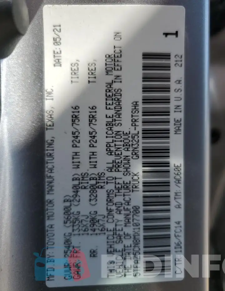 5TFAZ5CN8MX107700 Photo# 12