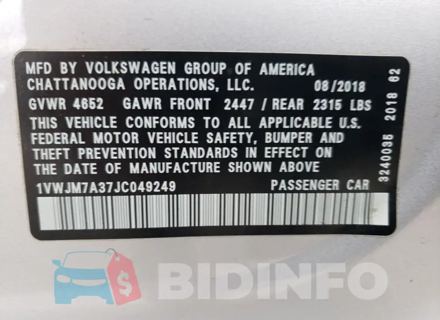 1VWJM7A37JC049249 Photo# 12