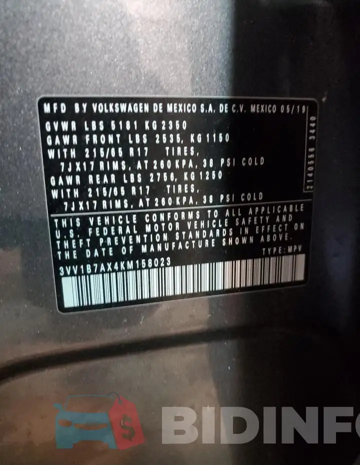 3VV1B7AX4KM158023 Photo# 14