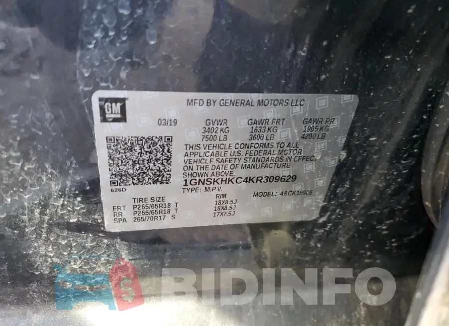 1GNSKHKC4KR309629 Photo# 13