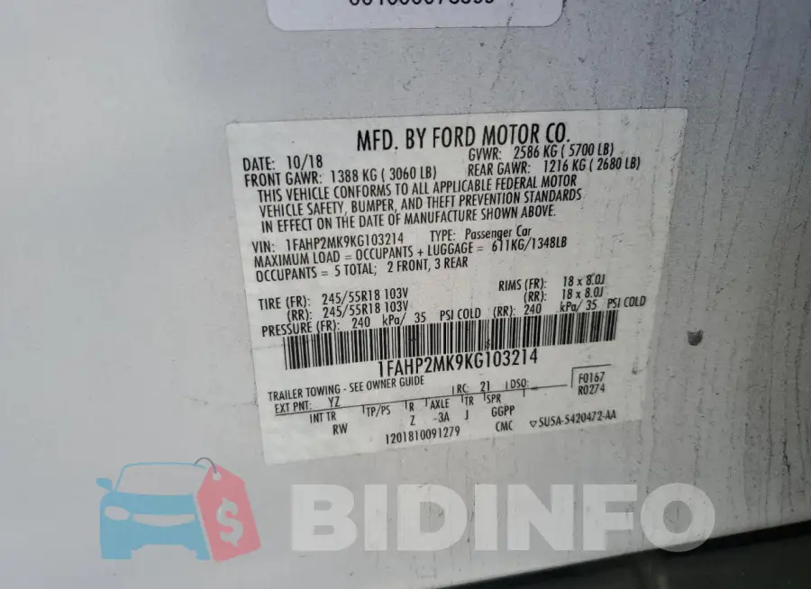 1FAHP2MK9KG103214 Photo# 13