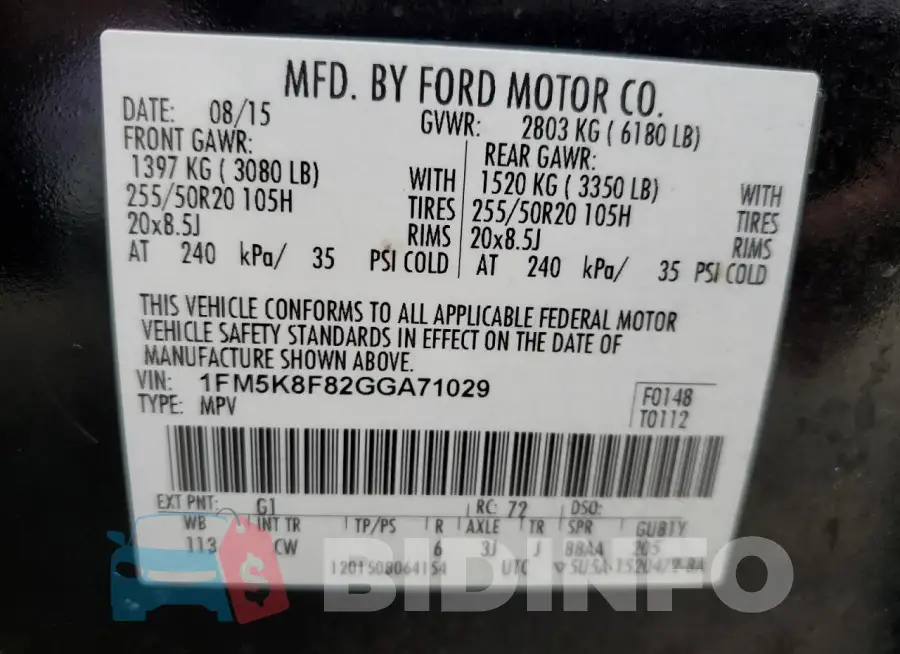 1FM5K8F82GGA71029 Photo# 13