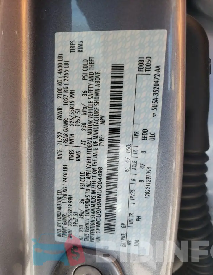 1FMCU9H98NUC04498 Photo# 12