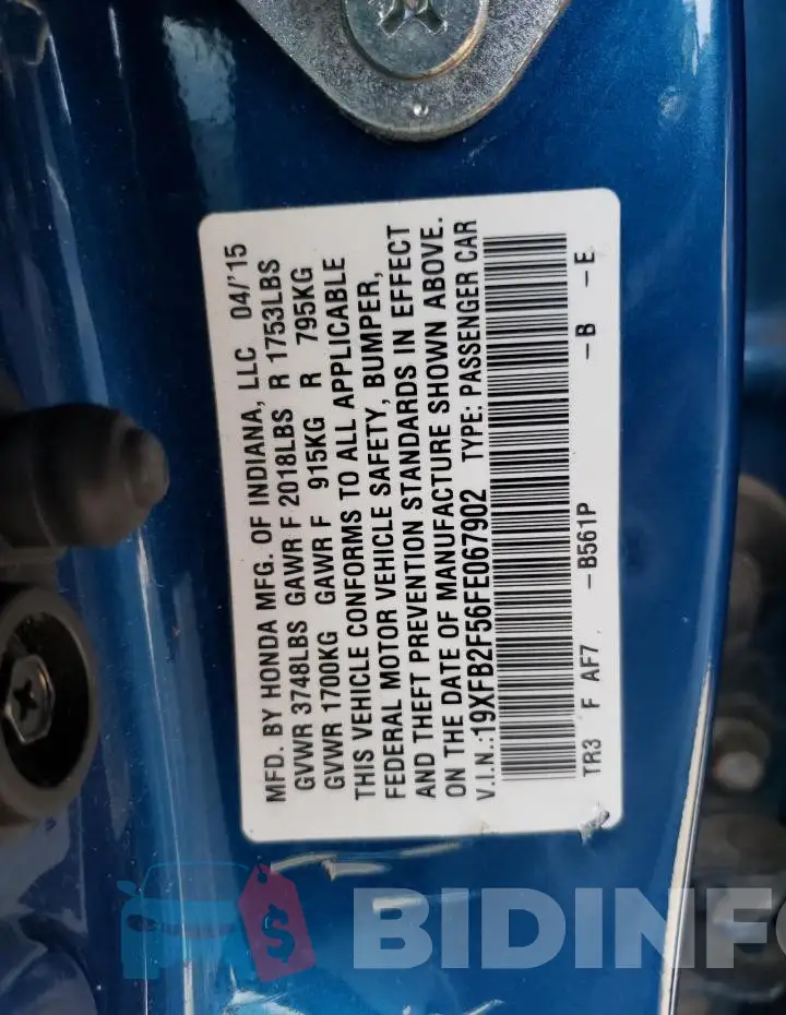 19XFB2F56FE067902 Photo# 12