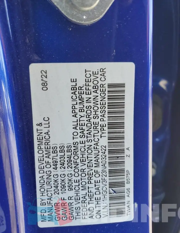 1HGCV3F23NA032422 Photo# 12