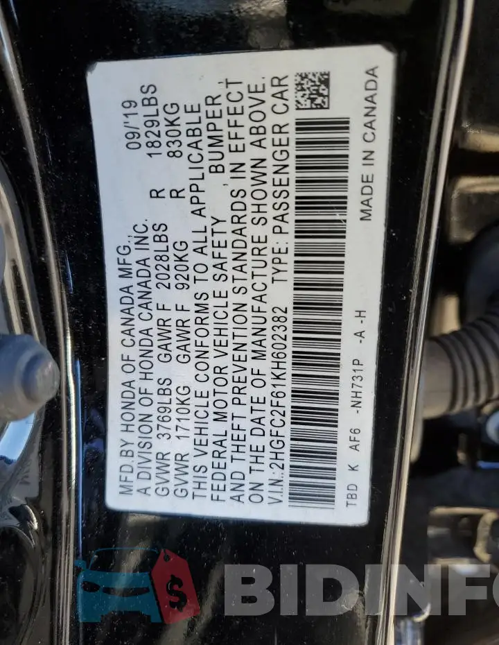2HGFC2F61KH602382 Photo# 12