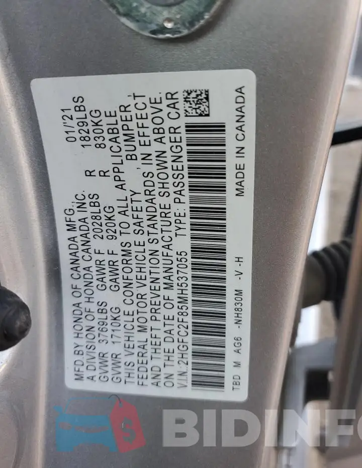 2HGFC2F85MH537055 Photo# 12