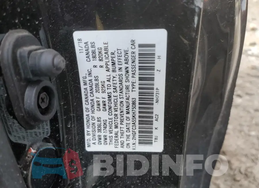 2HGFC3A55KH750863 Photo# 13