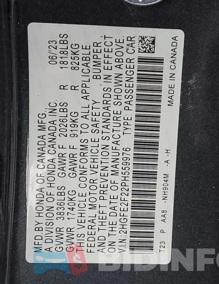 2HGFE2F22PH559976 Photo# 12