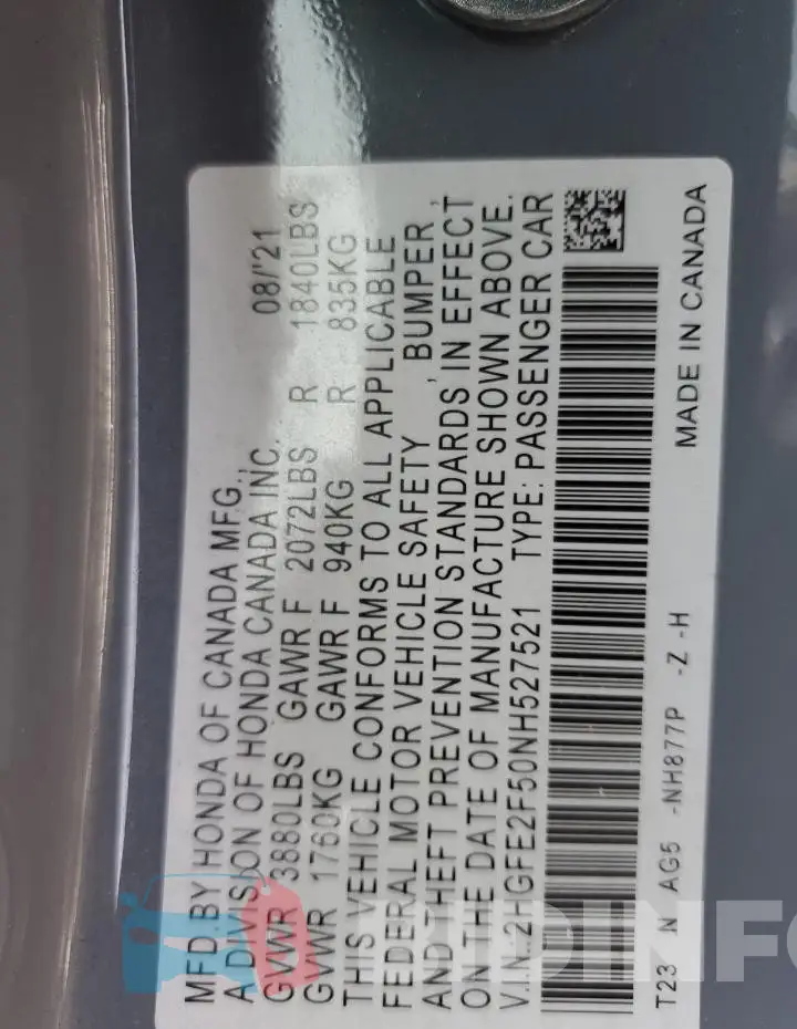 2HGFE2F50NH527521 Photo# 12
