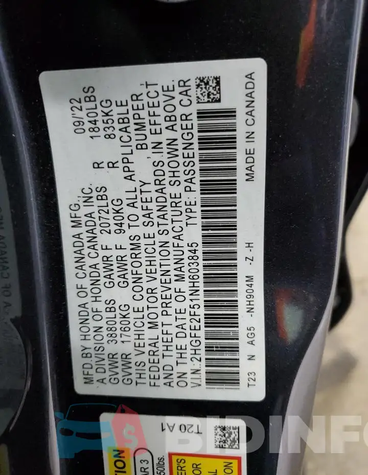 2HGFE2F51NH603845 Photo# 12