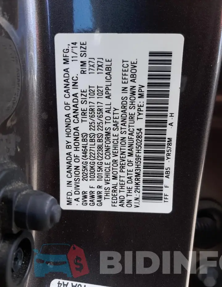 2HKRM3H59FH502854 Photo# 12
