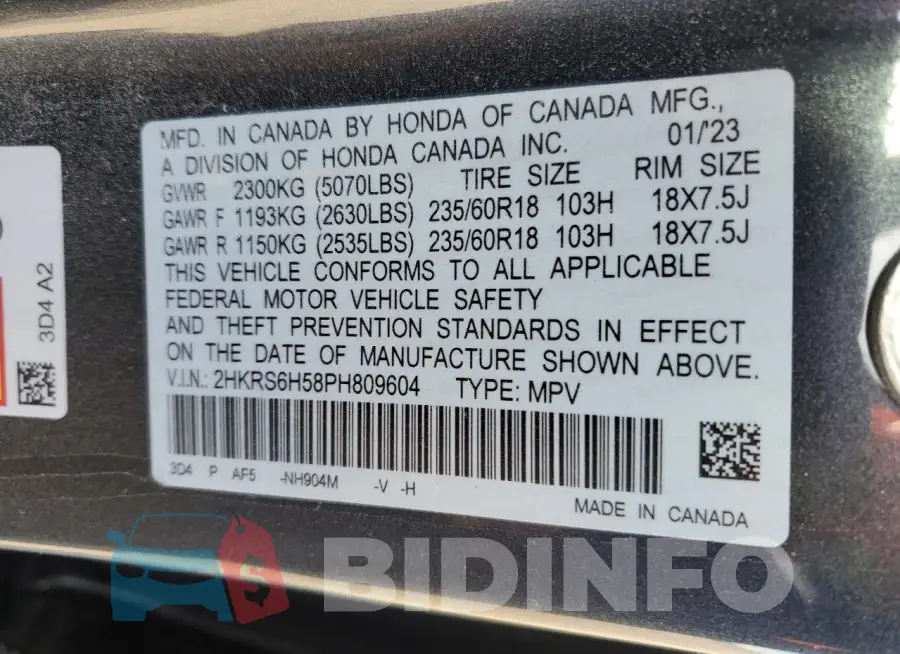 2HKRS6H58PH809604 Photo# 14