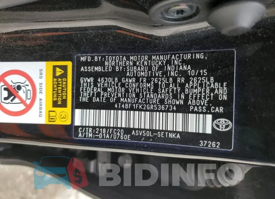 4T4BF1FK2GR536734 Photo# 9