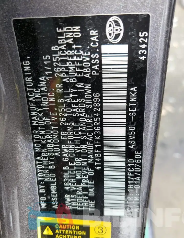 4T4BF1FK3GR542896 Photo# 13