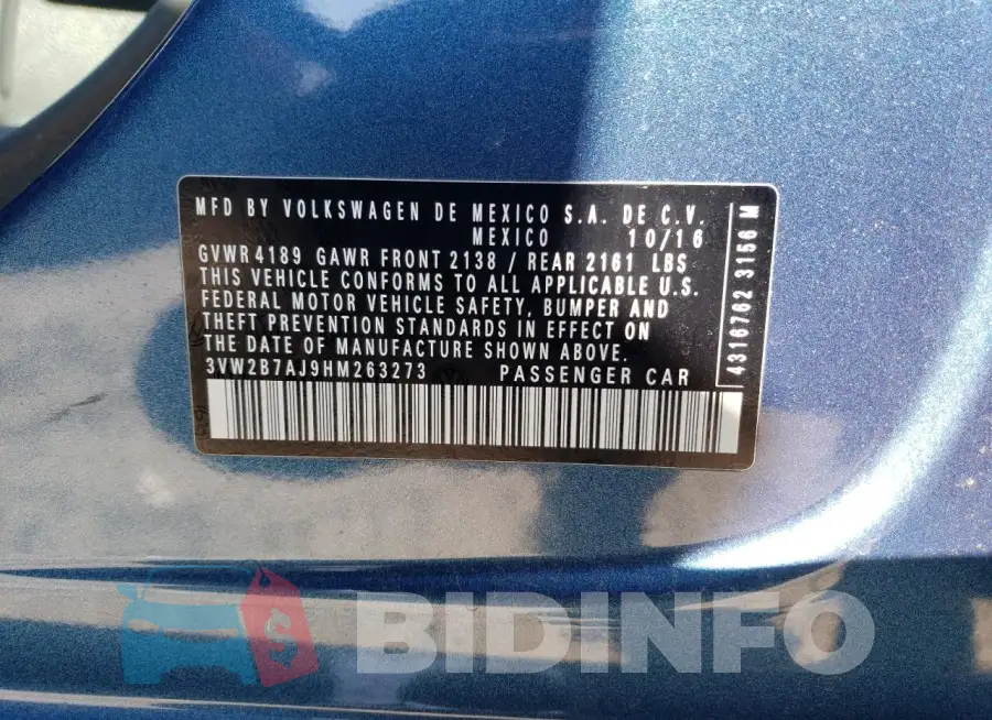 3VW2B7AJ9HM263273 Photo# 12