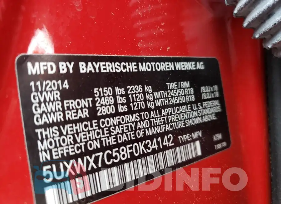 5UXWX7C58F0K34142 Photo# 14