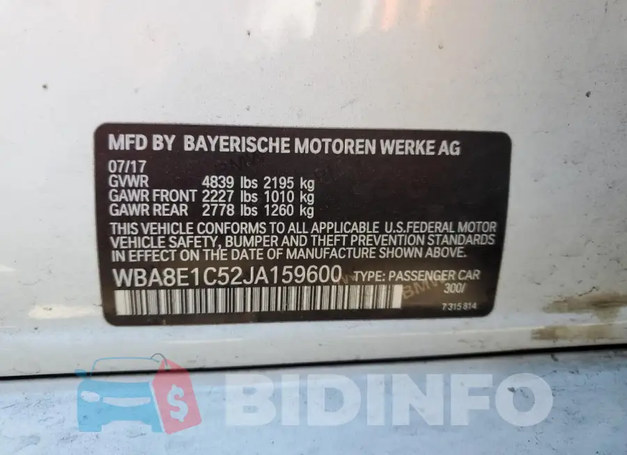 WBA8E1C52JA159600 Photo# 13