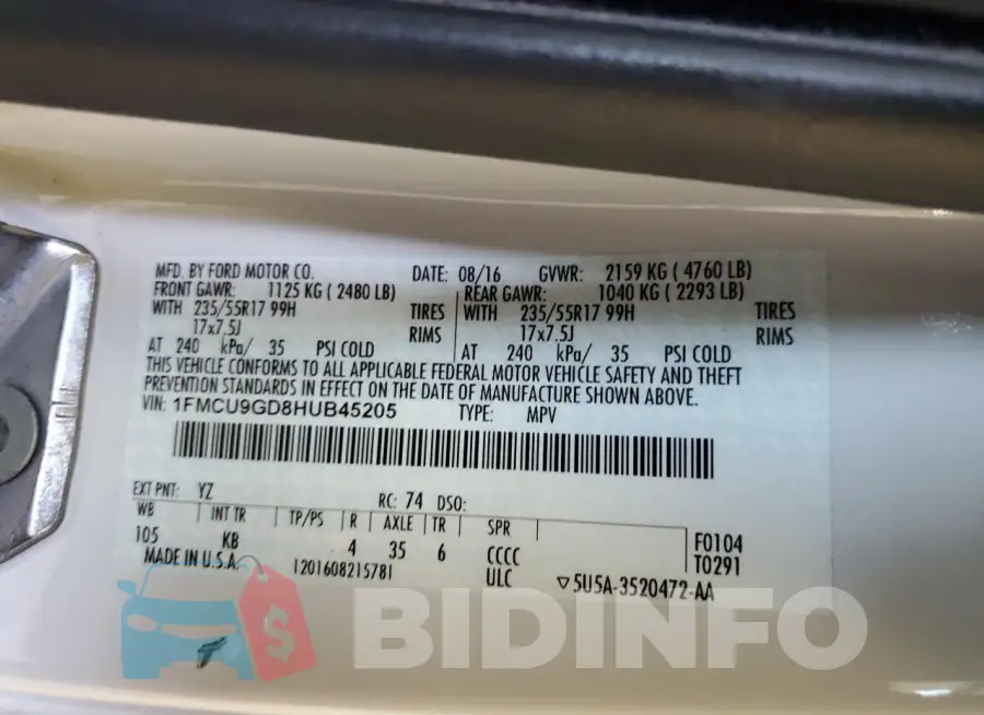 1FMCU9GD8HUB45205 Photo# 13