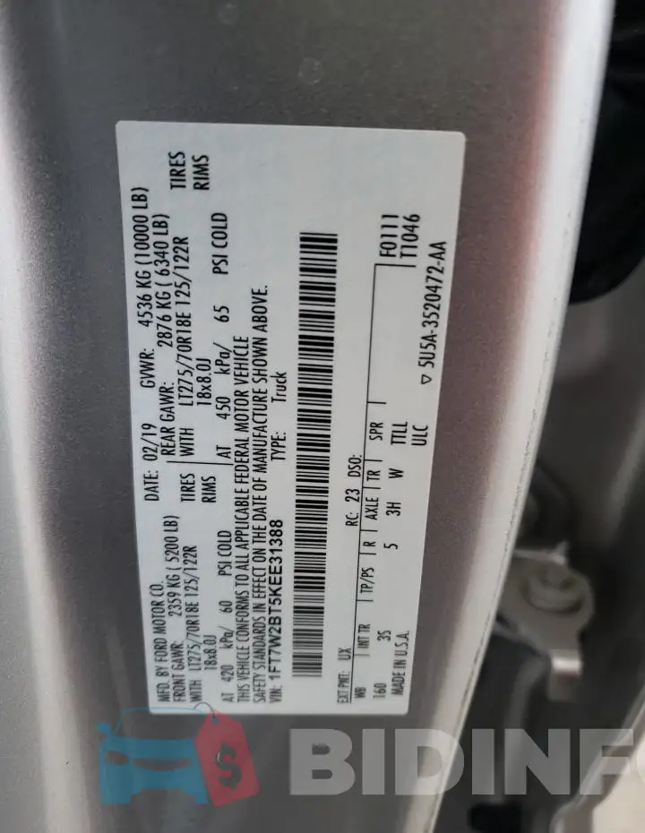 1FT7W2BT5KEE31388 Photo# 13