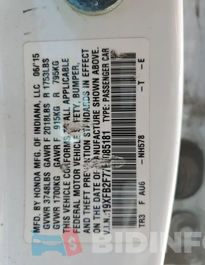 19XFB2F77FE085181 Photo# 12