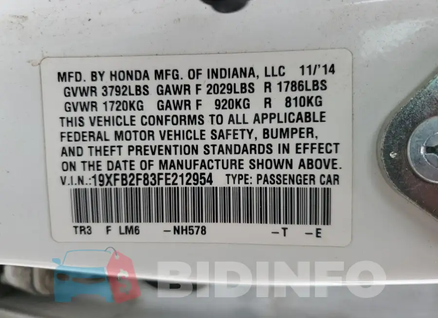 19XFB2F83FE212954 Photo# 13