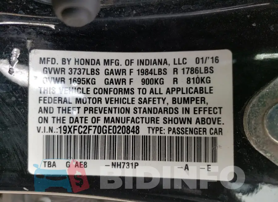 19XFC2F70GE020848 Photo# 12