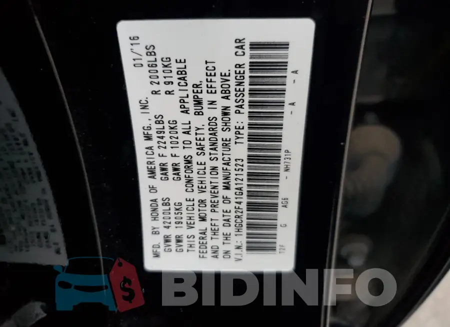 1HGCR2F41GA121523 Photo# 12