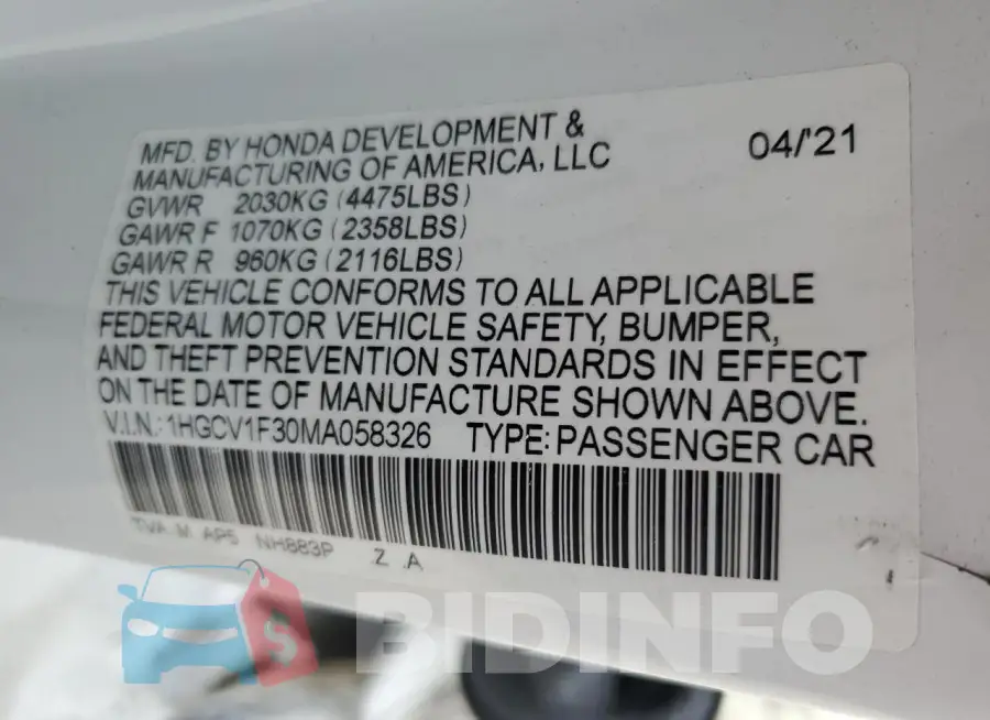 1HGCV1F30MA058326 Photo# 13