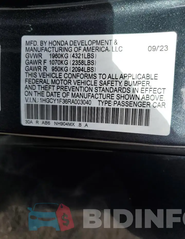 1HGCY1F36RA003040 Photo# 12