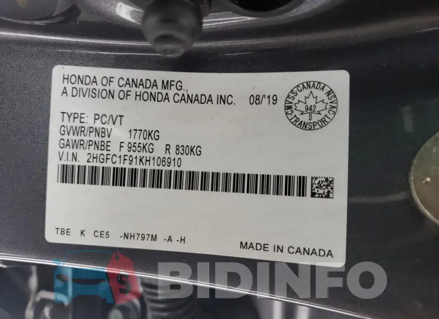 2HGFC1F91KH106910 Photo# 12