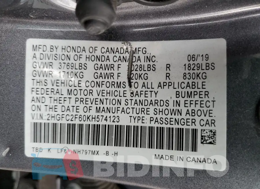 2HGFC2F60KH574123 Photo# 12