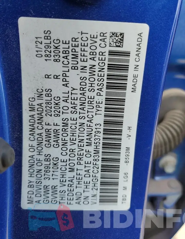 2HGFC2F83MH537913 Photo# 12