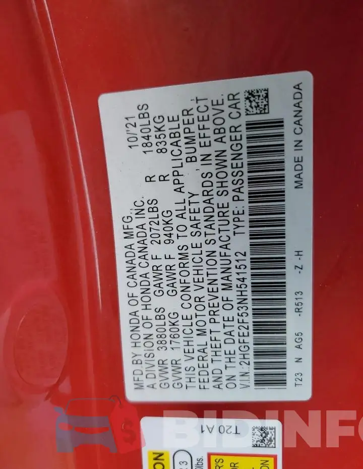 2HGFE2F53NH541512 Photo# 13