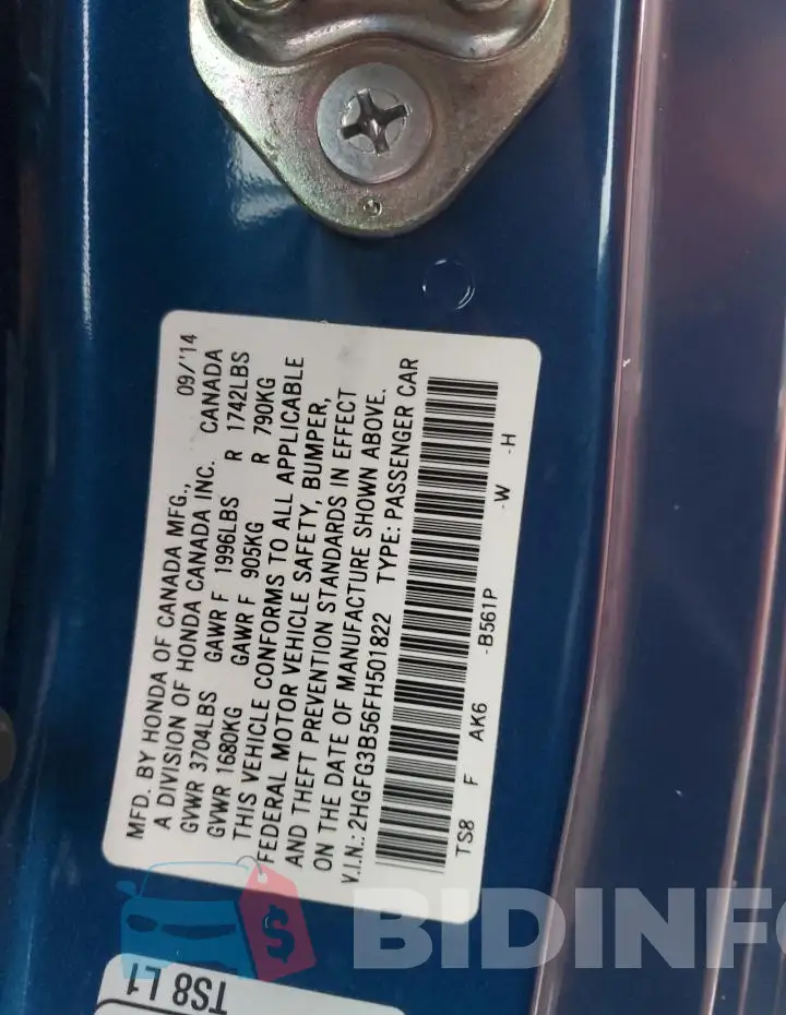 2HGFG3B56FH501822 Photo# 12
