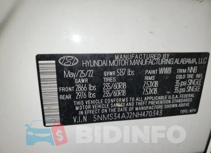 5NMS34AJ2NH470343 Photo# 13