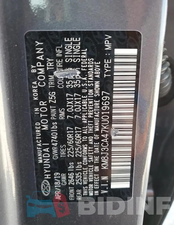 KM8J3CA47KU019697 Photo# 14