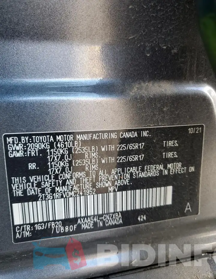 2T3G1RFV0MC241952 Photo# 13