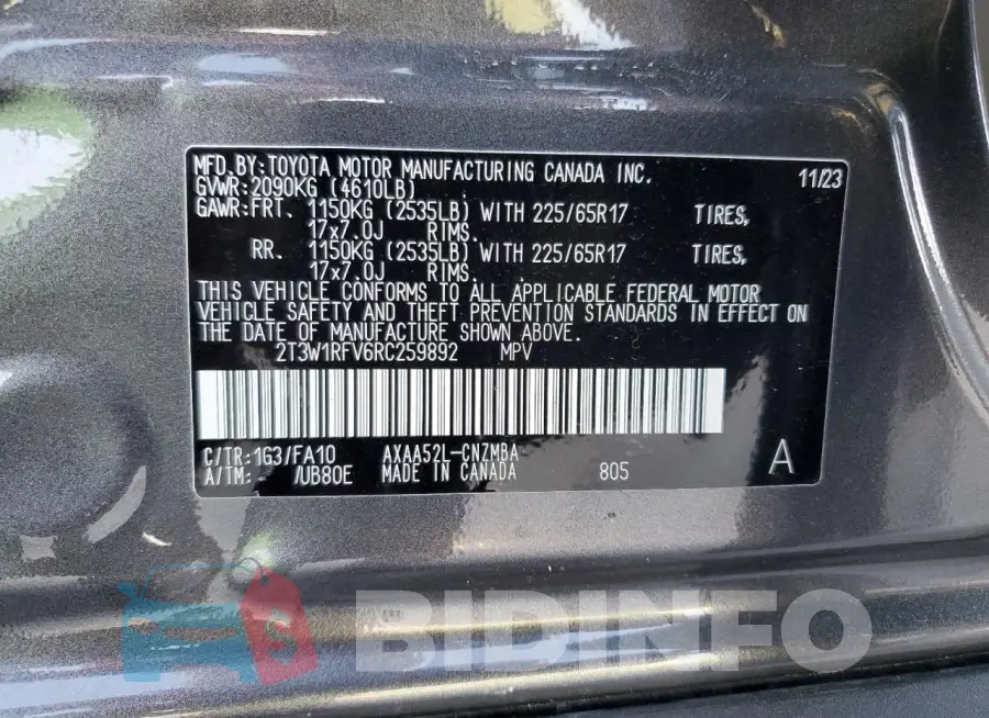 2T3W1RFV6RC259892 Photo# 14