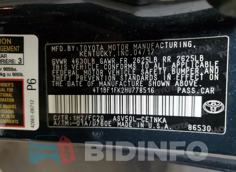 4T1BF1FK2HU778516 Photo# 12