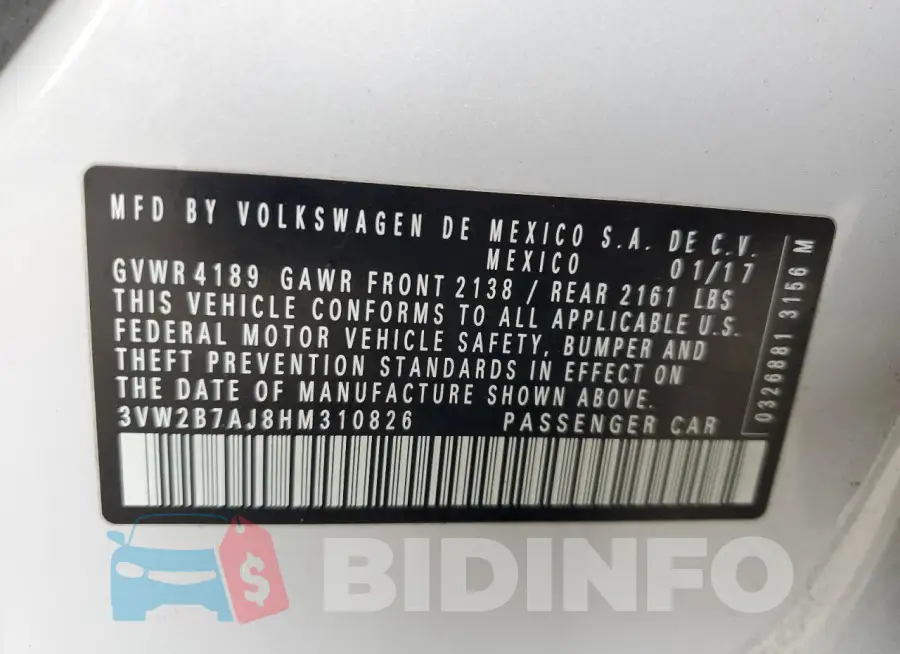 3VW2B7AJ8HM310826 Photo# 12