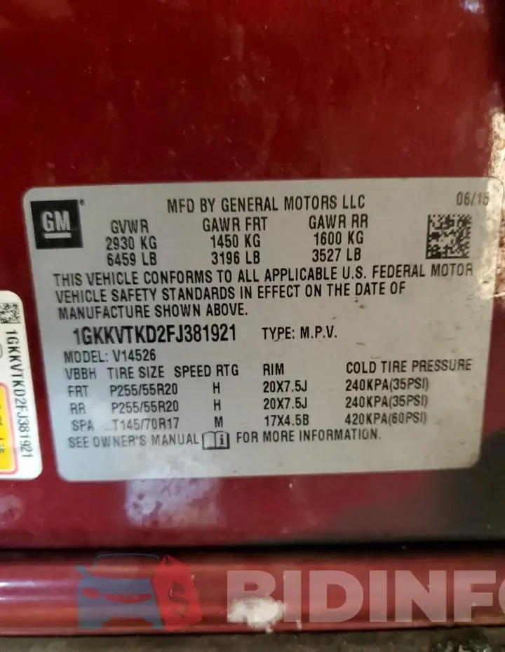 1GKKVTKD2FJ381921 Photo# 13