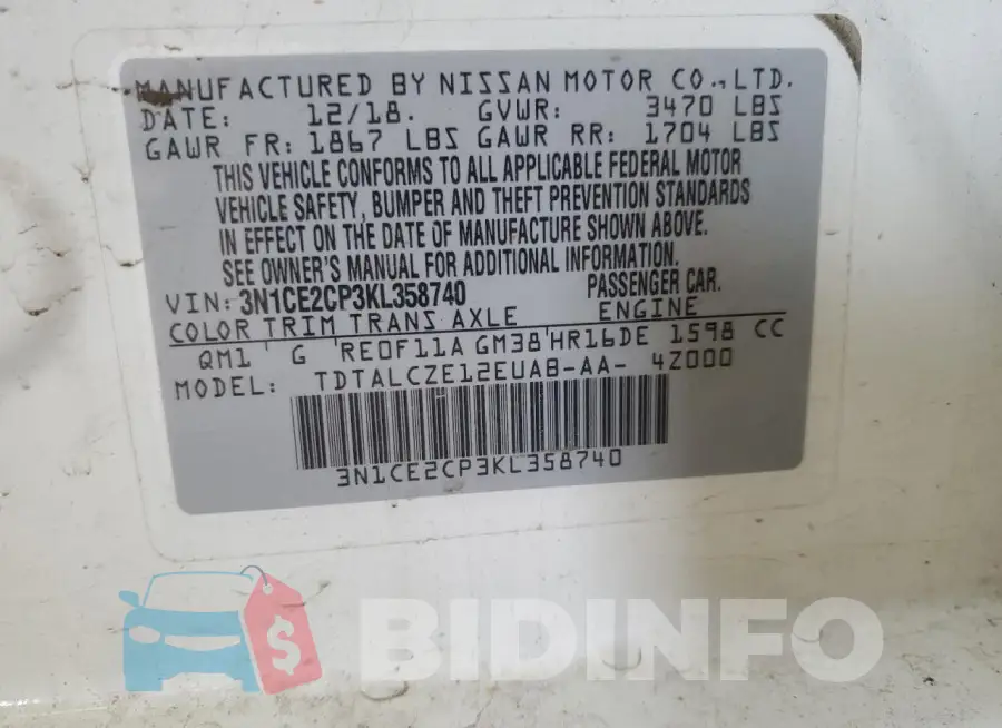 3N1CE2CP3KL358740 Photo# 12