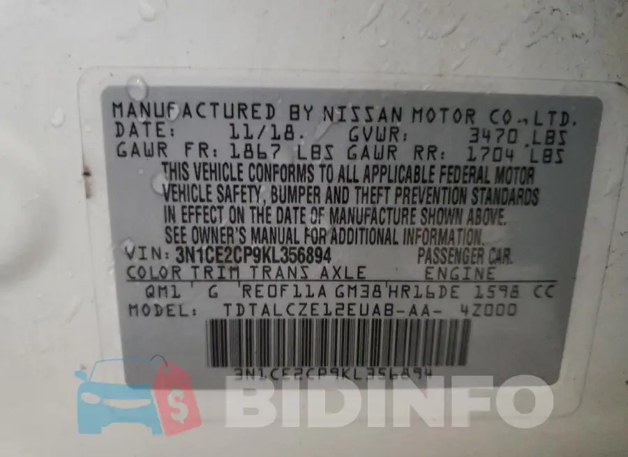 3N1CE2CP9KL356894 Photo# 12